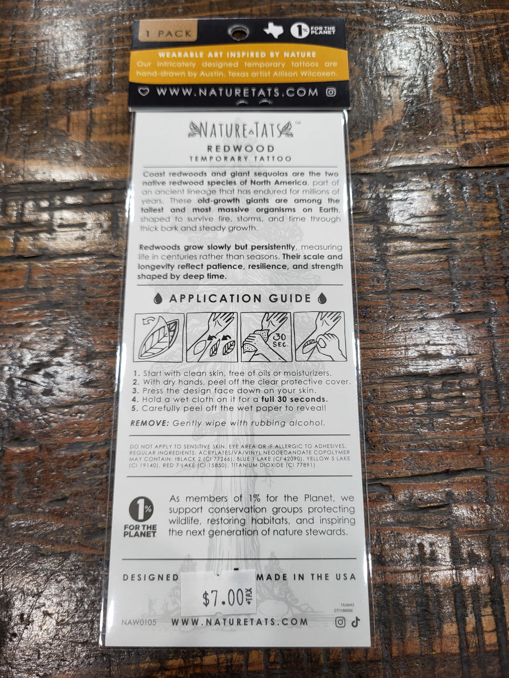 Temporary tattoo application guide and product details on a NatureTats card