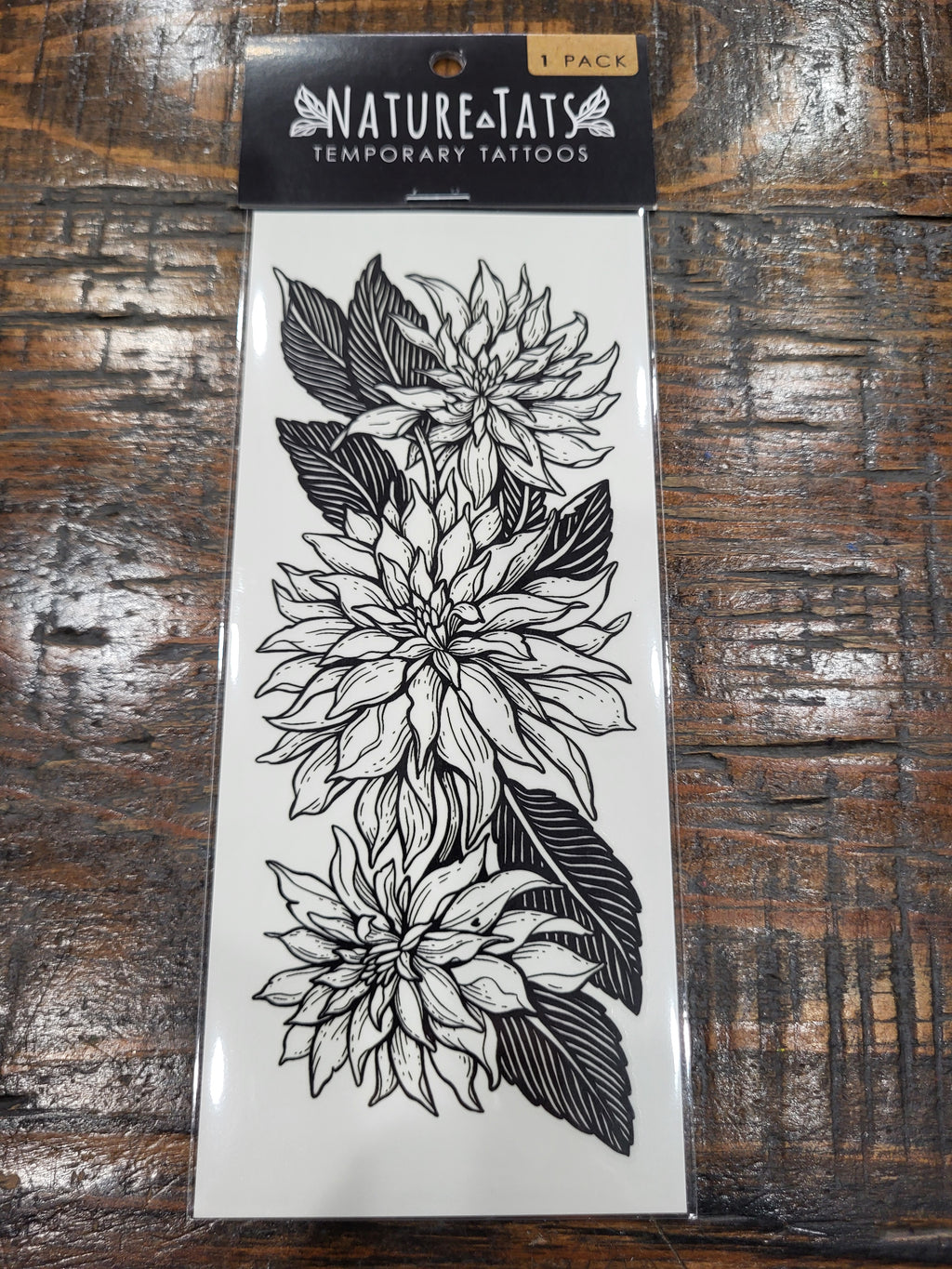 Dahlia flower temporary tattoo sheet with black floral and leaf design, 1 pack