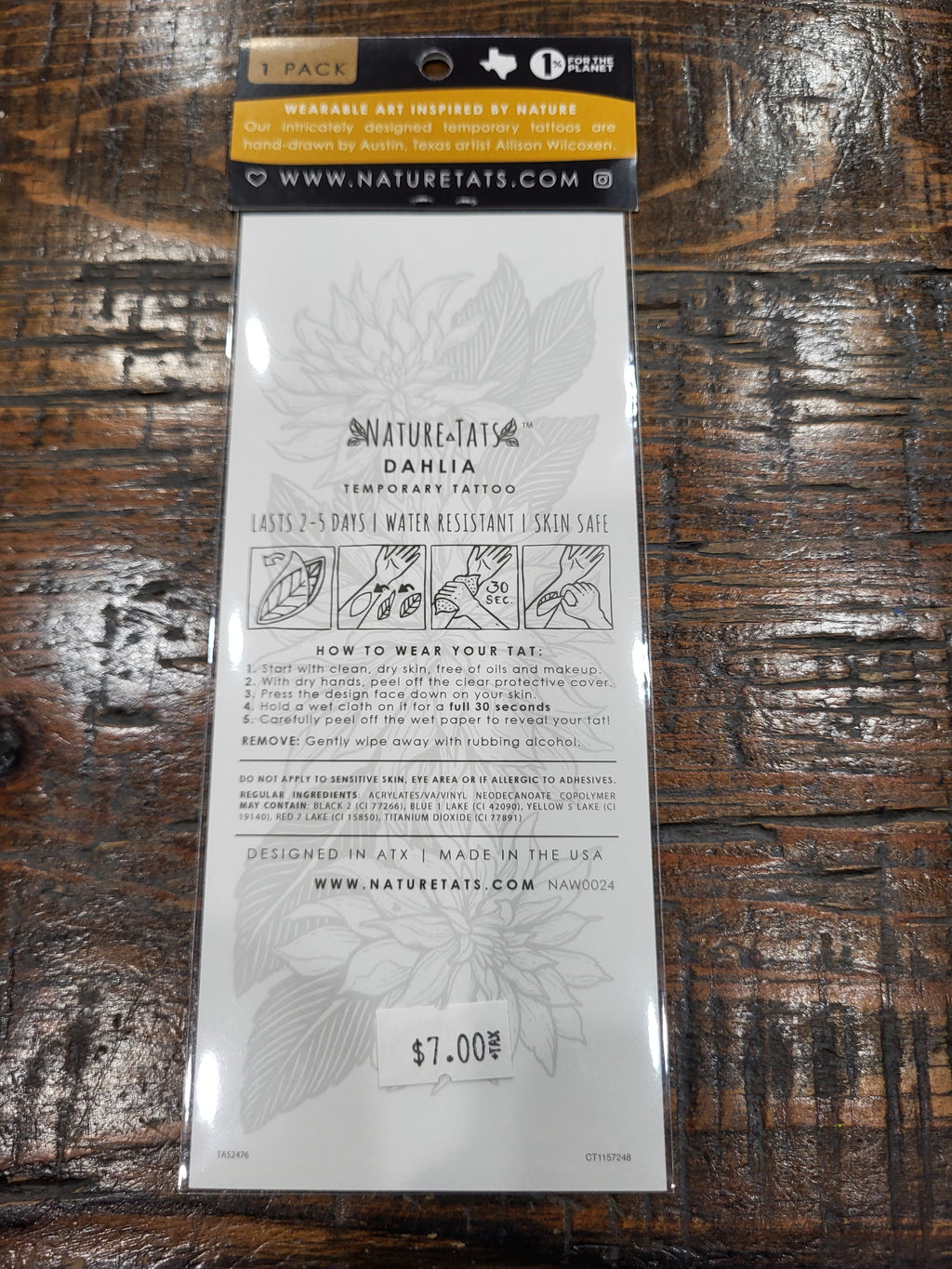 Dahlia flower temporary tattoo pack back with floral illustration and wear instructions