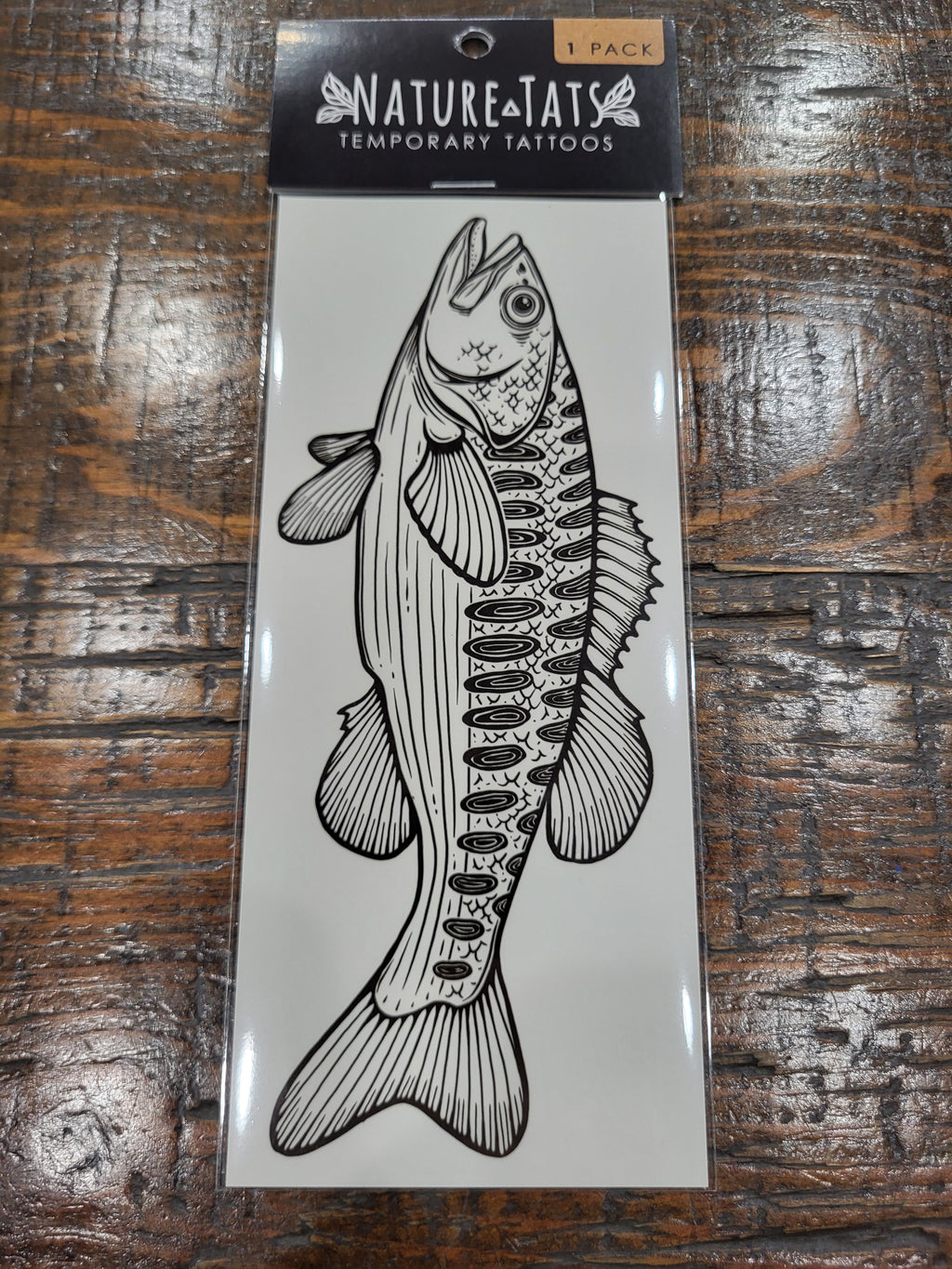 Bass fish temporary tattoo pack with line-drawn fish illustration