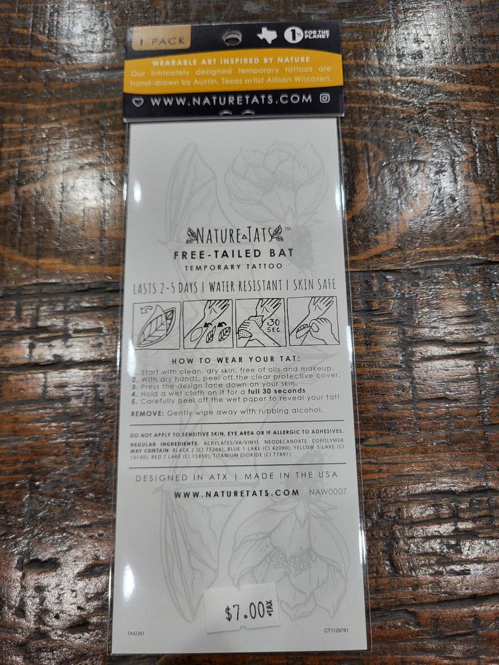 Free-tailed bat temporary tattoo package back with care instructions