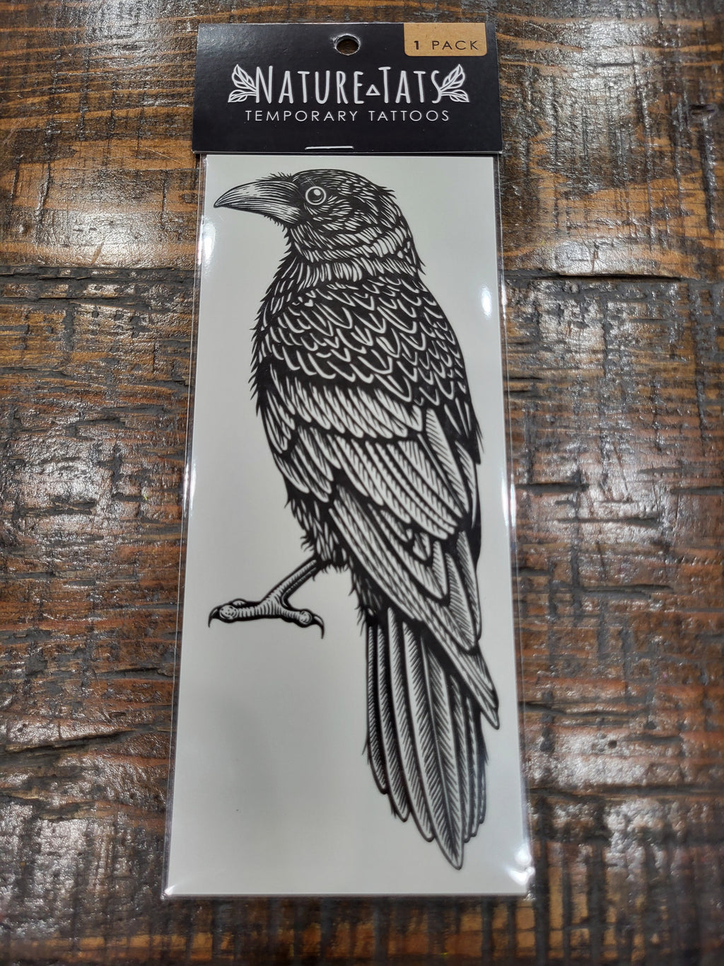 NatureTats Raven temporary tattoo pack, black raven bird design on card