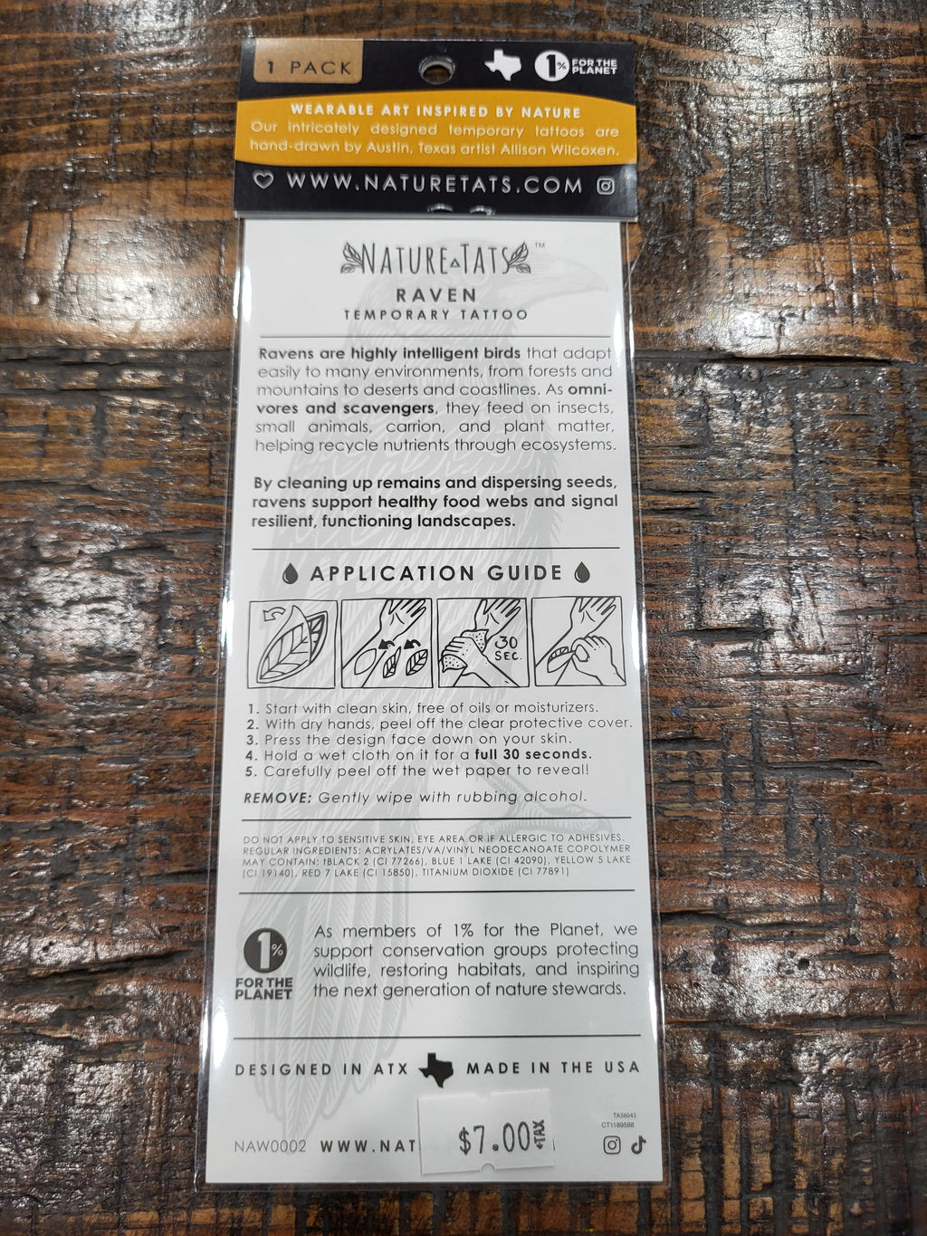 NatureTats Raven temporary tattoo pack back with application guide and safety info