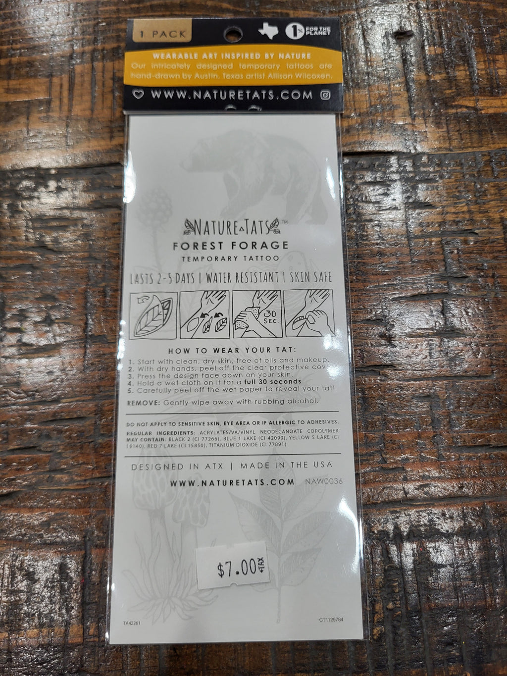 Temporary tattoo package back with wear and removal instructions