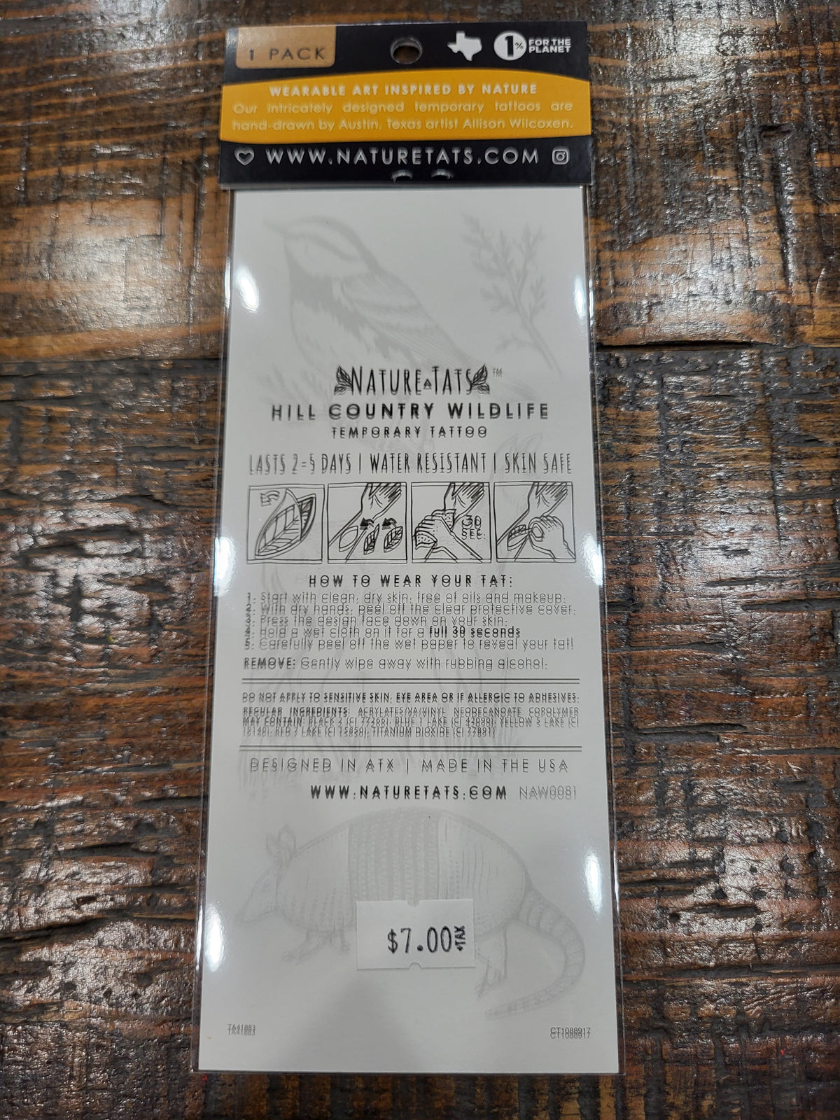 Hill Country Wildlife temporary tattoo package back with instructions and small icons
