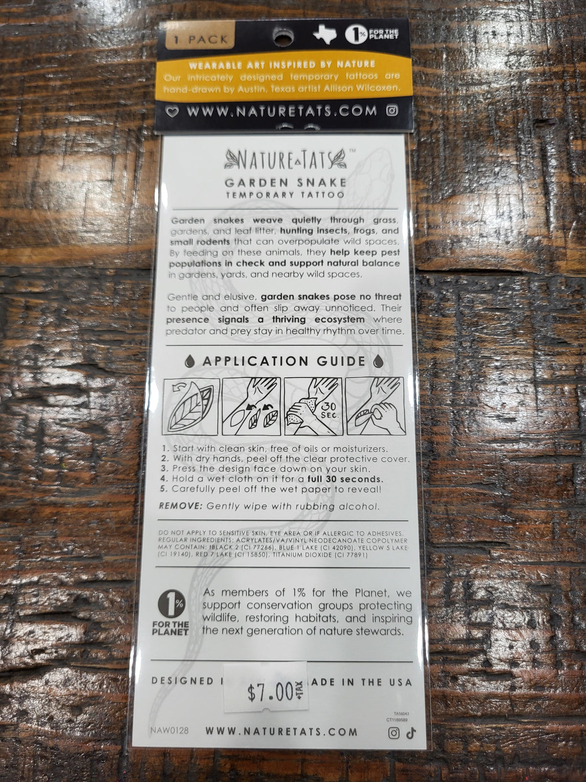 NatureTats temporary tattoo pack back with application guide and details