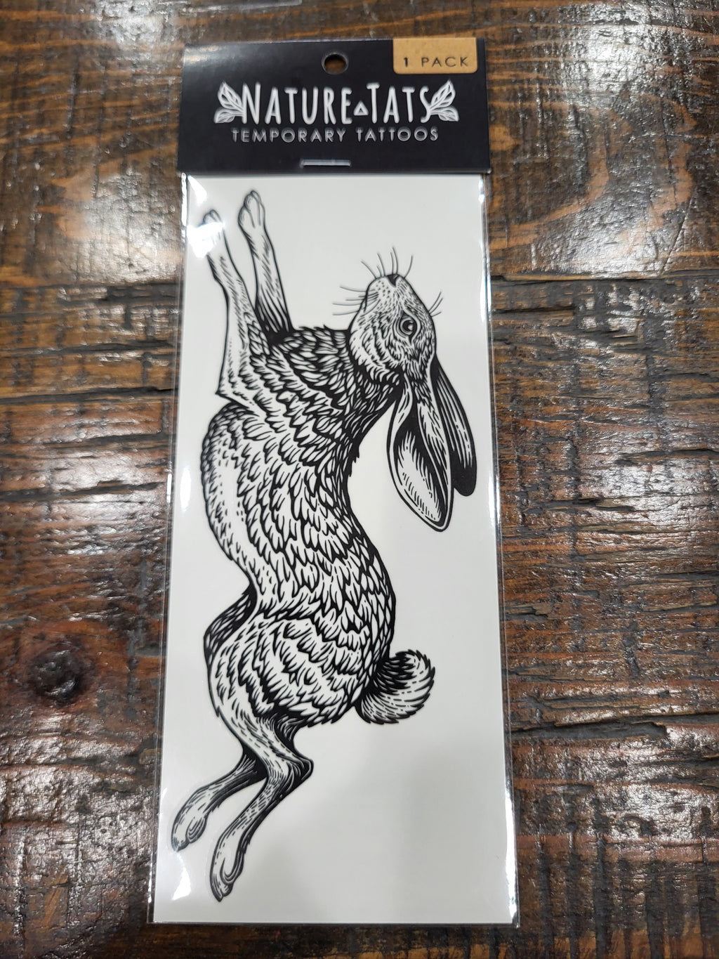 NatureTats temporary tattoo pack with jackrabbit line art on white card