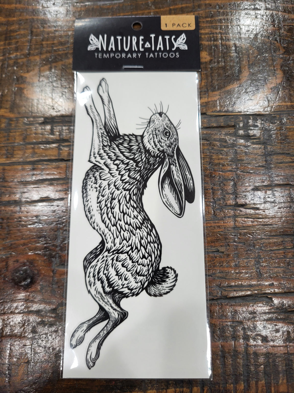 NatureTats temporary tattoo pack with jackrabbit line art on white card