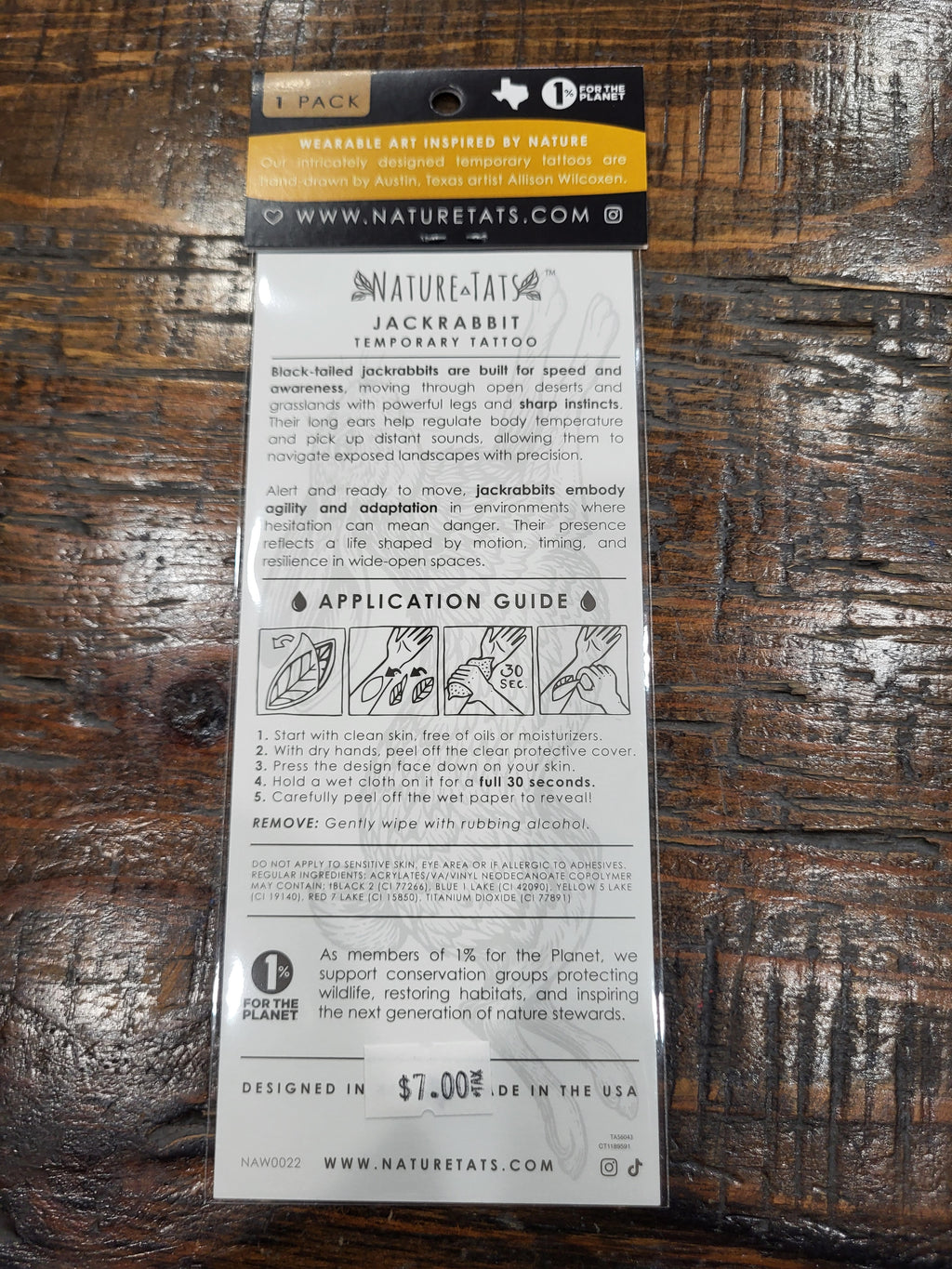 NatureTats temporary tattoo pack back with application guide and text