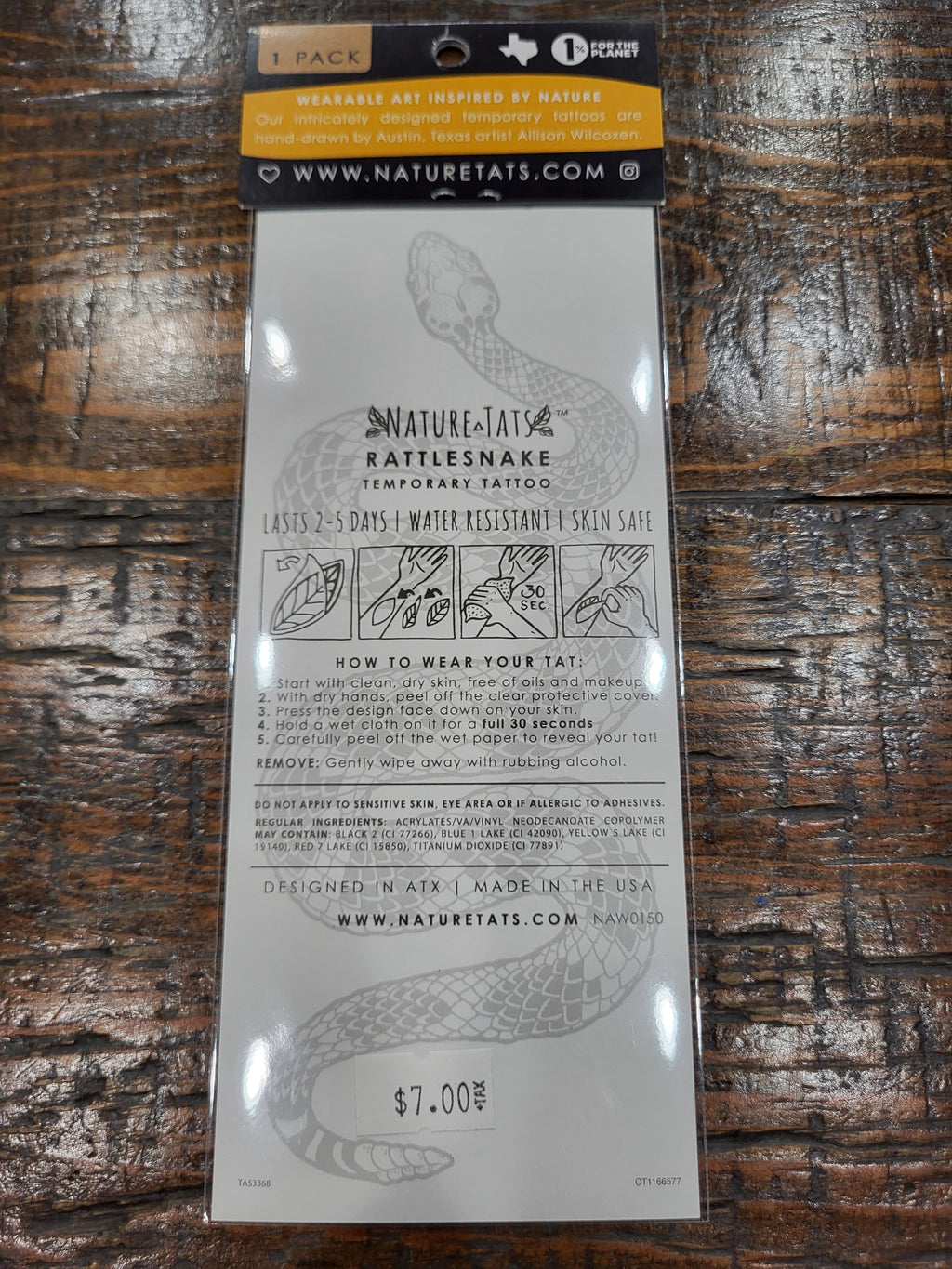 Temporary tattoo package back with rattlesnake graphic and care instructions