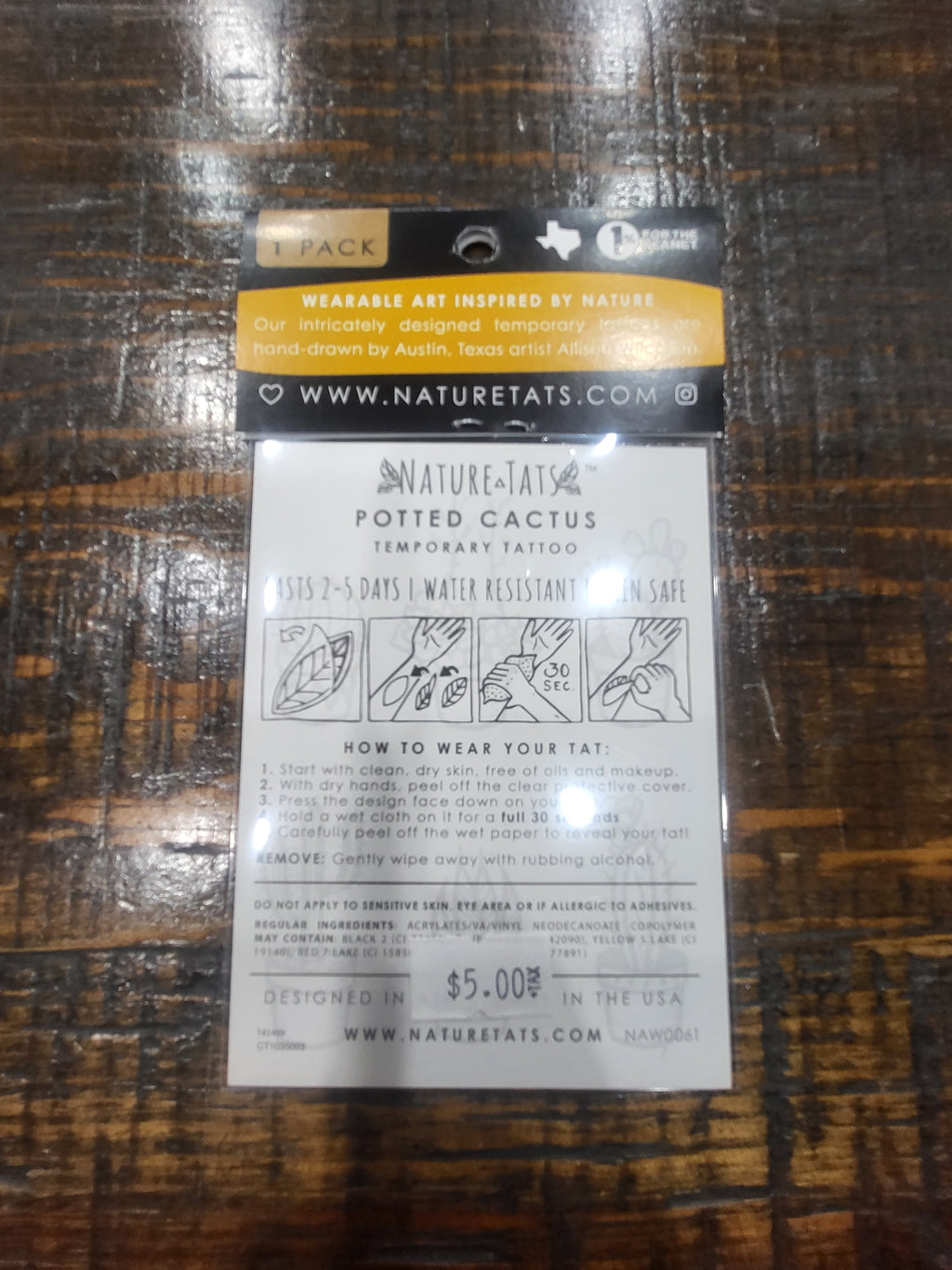 Cactus temporary tattoo package back with instructions and price text