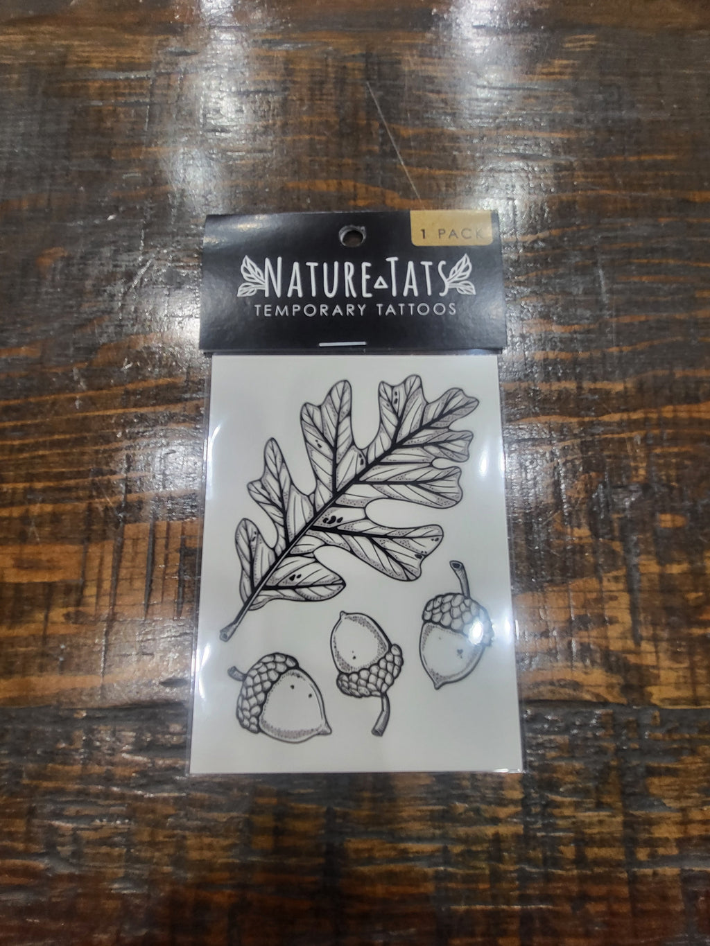 NATURETATS temporary tattoo sheet with acorn and oak leaf line art
