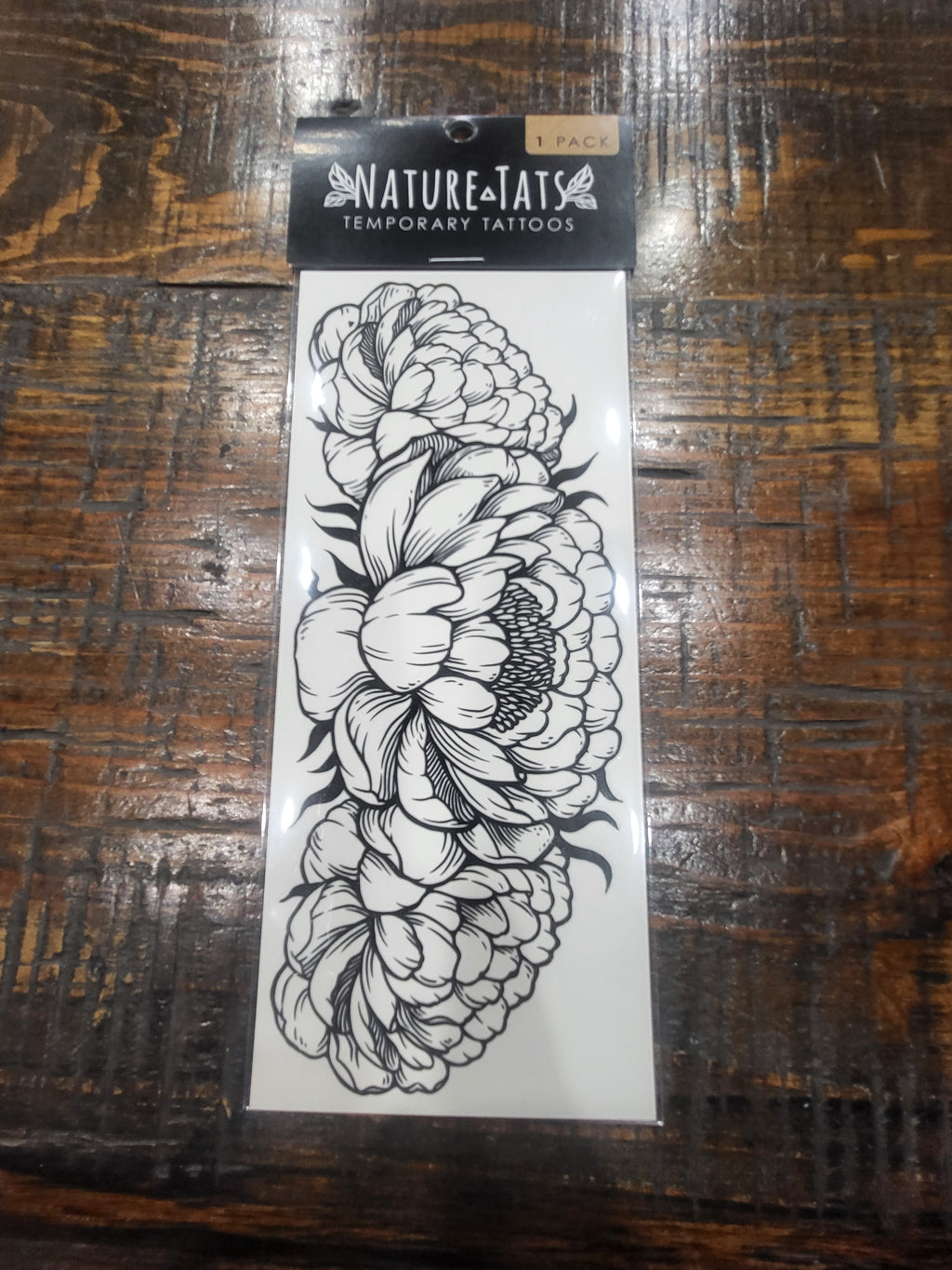 Peony trio temporary tattoo sheet, black floral line art