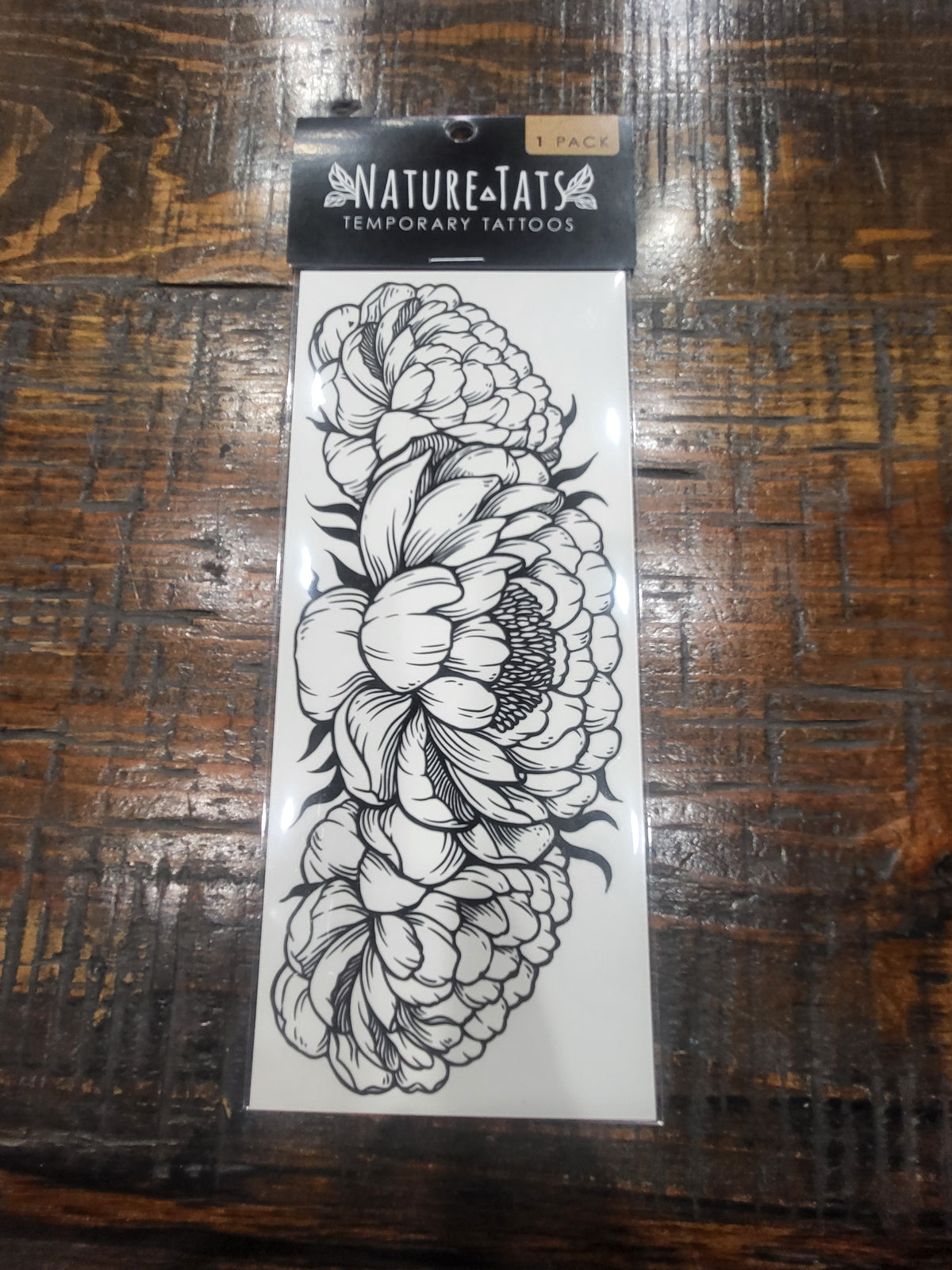 Peony trio temporary tattoo sheet, black floral line art