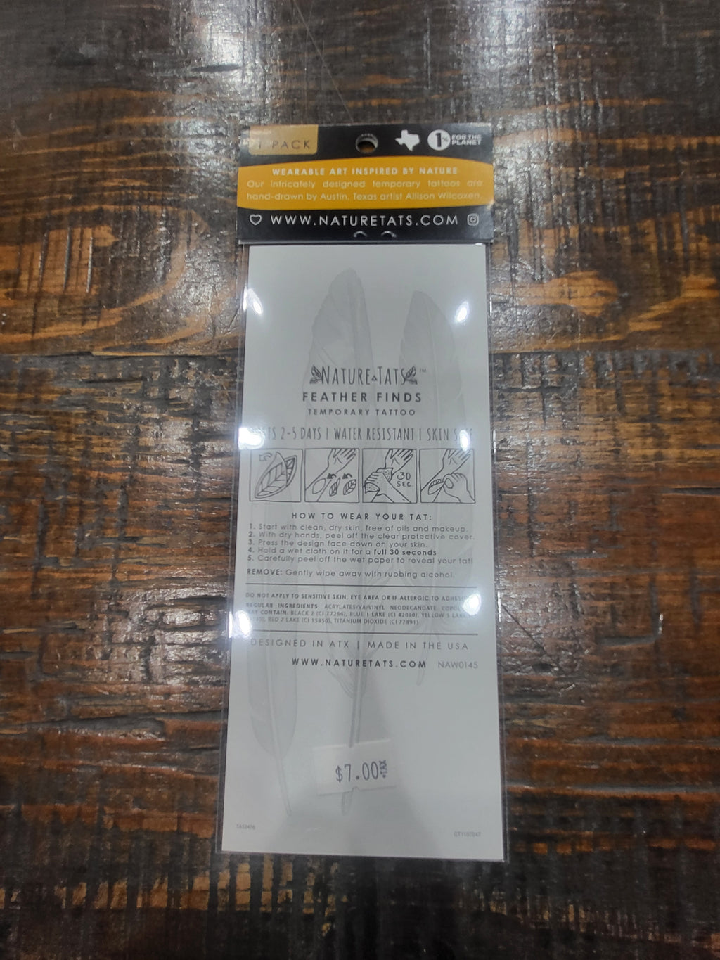 NatureTats temporary tattoo back card with care and usage information