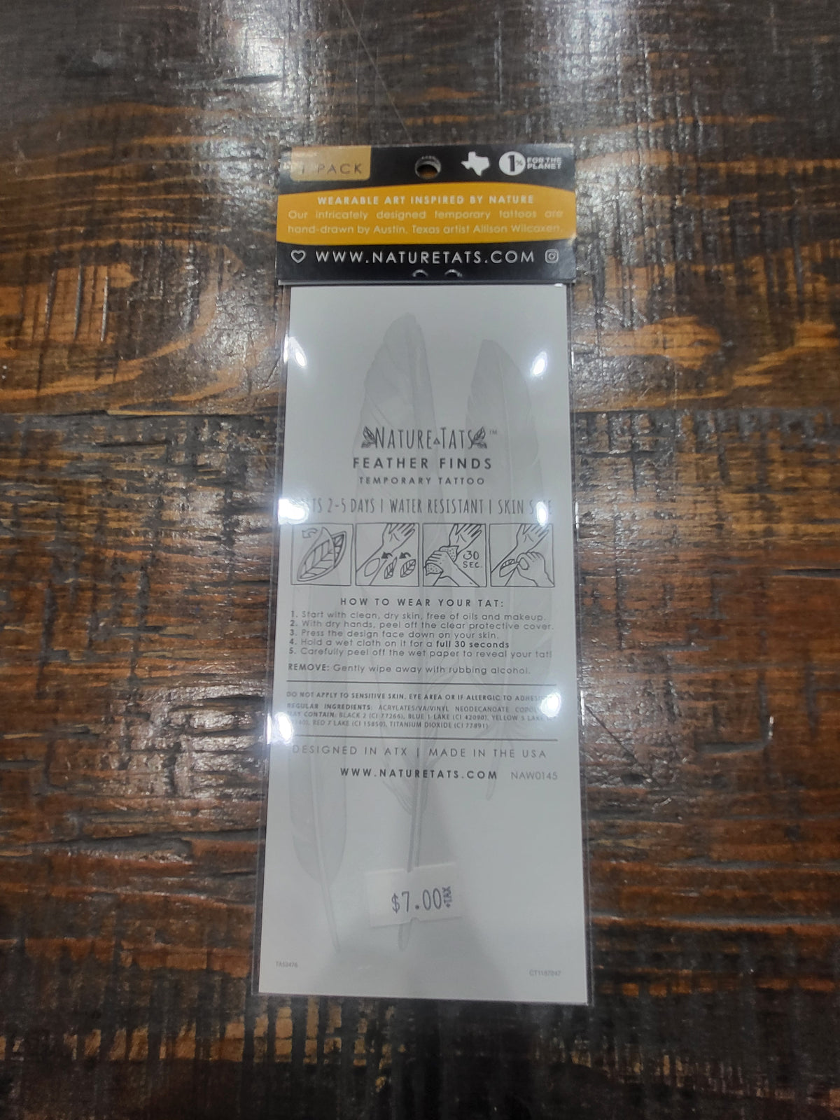 NatureTats temporary tattoo back card with care and usage information