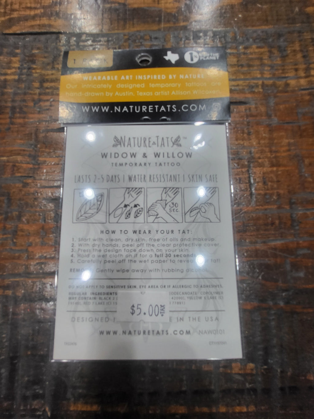 NatureTats temporary tattoo sheet back with care instructions and pricing