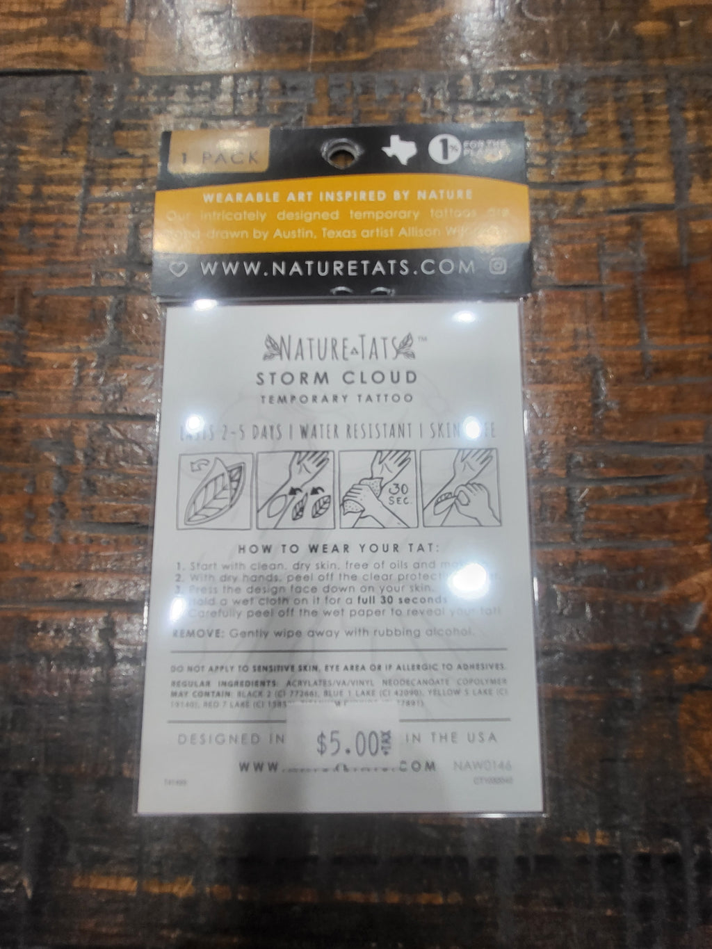Storm cloud temporary tattoo pack back with care and usage info