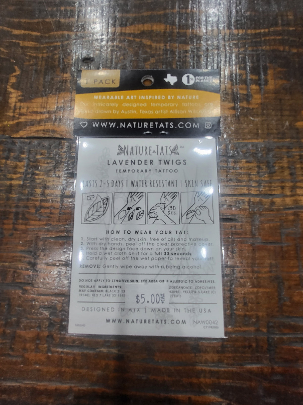 Temporary tattoo package back with NatureTats branding and how-to wear instructions