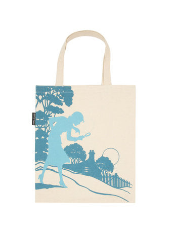 Canvas tote bag with beige handles and blue scenic illustration front