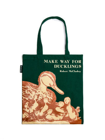 Dark green tote bag with “Make Way for Ducklings” text and duck illustration