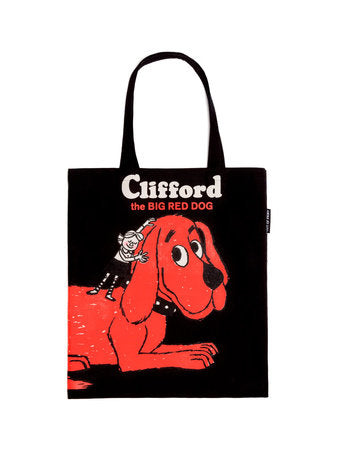 Black tote bag with Clifford the Big Red Dog print and top carry handles