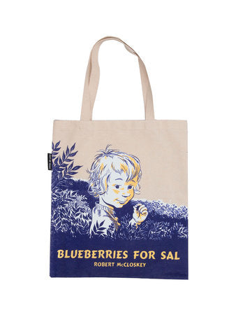 Canvas tote bag with blue character illustration and text “Blueberries for Sal”