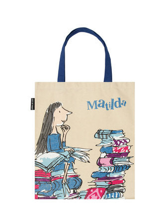 Matilda canvas tote bag with blue handles, illustrated girl reading and stacked books front