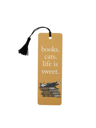 Book-themed bookmark with tassel and text: "books. cats. life is sweet."