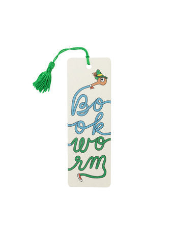 Children's illustrated bookmark with green tassel and blue-green doodle design