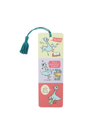 Illustrated book bookmark with blue tassel, pigeon reading a book