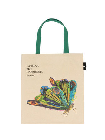 Beige tote bag with green handles and colorful caterpillar graphic