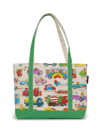 Large zippered tote bag with colorful vehicle print, green handles and bottom