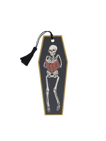Skeleton illustration bookmark with black tassel and red accents, rectangular