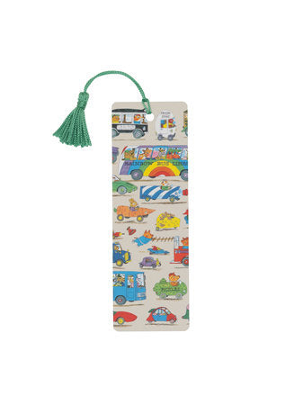 Cars and trucks illustrated bookmark with green tassel, rectangular card
