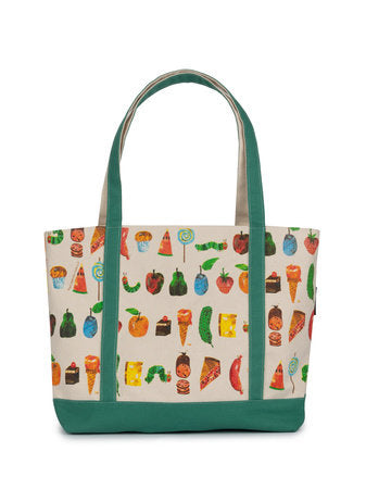 Large zippered tote bag with colorful caterpillar-themed print and green trim