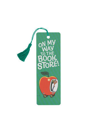 Green bookmark with tassel, “On my way to the book store!” and cartoon character