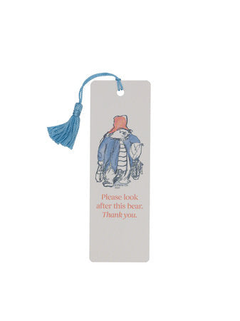 Blue tassel bookmark with bear illustration and 'Please look after this bear' text
