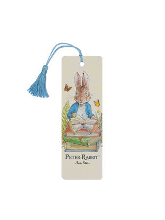 Peter Rabbit bookmark with illustrated rabbit, blue tassel and hanging loop