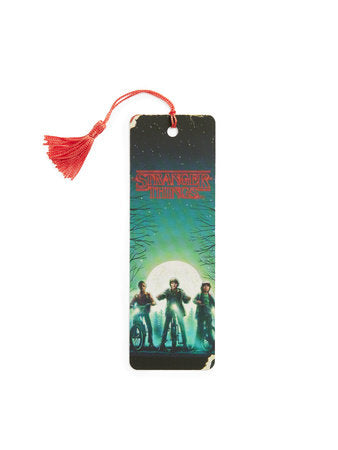 Stranger Things bookmark with red logo, illustrated scene, black card, tassel