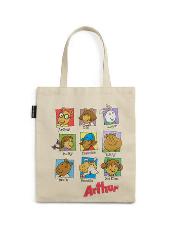 Beige canvas tote bag with Arthur friends character print and red Arthur logo