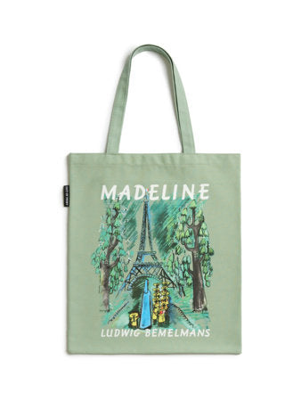 Mint green canvas tote bag with front illustration and handles
