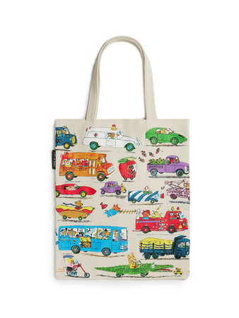 Kids cars and trucks printed canvas tote bag with handles, light background