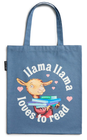 Blue tote bag with llama reading graphic and 'Llama Llama loves to read' text