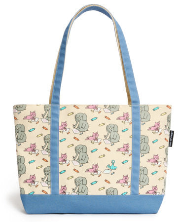 Large zippered tote bag with pastel Elephant & Piggie print and blue handles