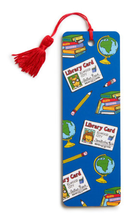 Colorful library card bookmark with globe and books pattern, tassel at top