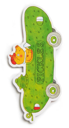 Green pickle-shaped bookmark with cartoon eyes and wheels, red and yellow accents