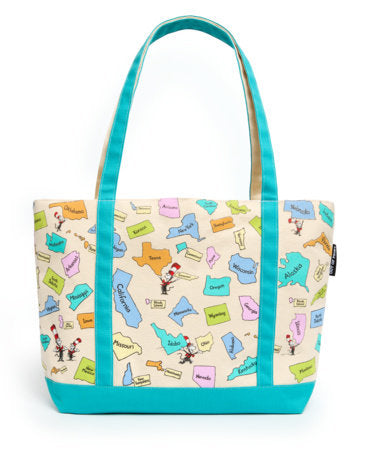 Large zipper tote bag with colorful U.S. map print, teal trim and handles