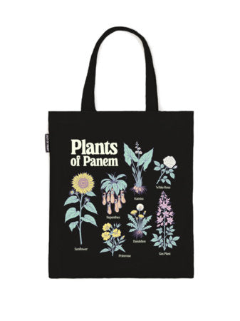 Black tote bag with colorful Plants of Panem illustrated plants front print