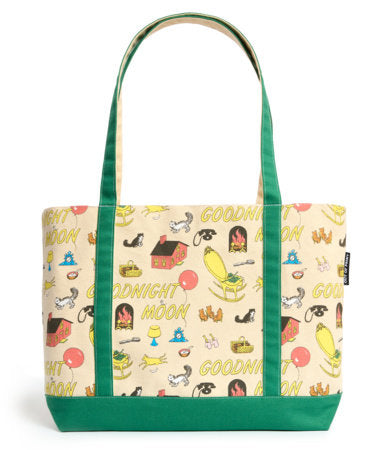 Large zippered tote bag with colorful Goodnight Moon print, green trim and handles